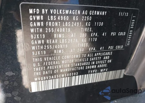 2014 Volkswagen Tiguan R-Line из США, поврежденный, VIN WVGBV3AX5EW560393